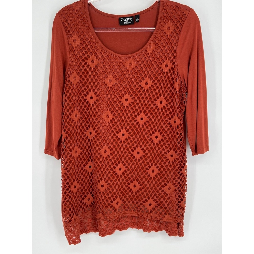 Onque Casual Crochet Knit Top 3/4 Sleeve Blouse Rust Orange Size L